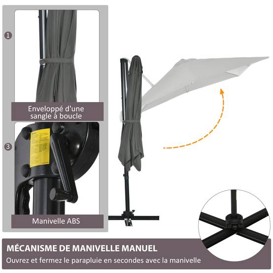 Parasol déporté carré inclinable manivelle avec pied en acier dim. 2,5L x 2,5l m alu. polyester gris - Image 8