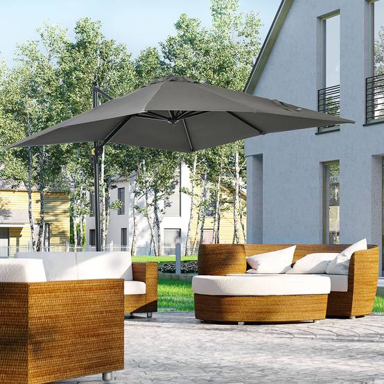 Parasol déporté carré inclinable manivelle avec pied en acier dim. 2,5L x 2,5l m alu. polyester gris - Image 3