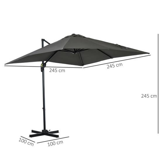 Parasol déporté carré inclinable manivelle avec pied en acier dim. 2,5L x 2,5l m alu. polyester gris - Image 5