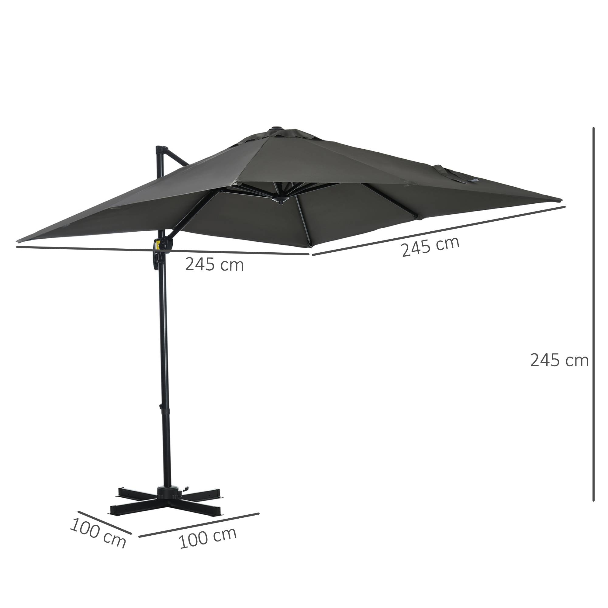 Parasol déporté carré inclinable manivelle avec pied en acier dim. 2,5L x 2,5l m alu. polyester gris - Image 5