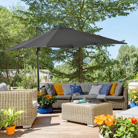 Parasol déporté carré inclinable manivelle avec pied en acier dim. 2,5L x 2,5l m alu. polyester gris - Image 4