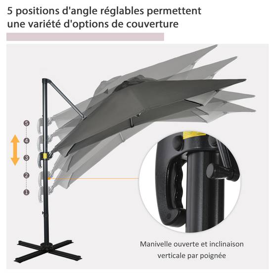 Parasol déporté carré inclinable manivelle avec pied en acier dim. 2,5L x 2,5l m alu. polyester gris - Image 7