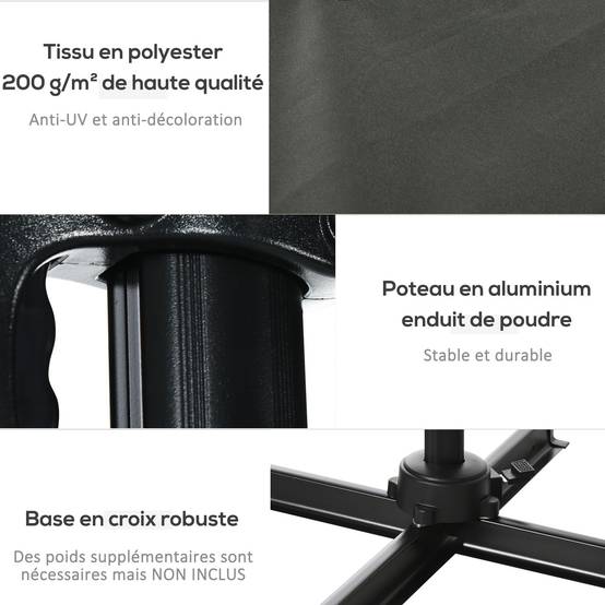 Parasol déporté carré inclinable manivelle avec pied en acier dim. 2,5L x 2,5l m alu. polyester gris - Image 9