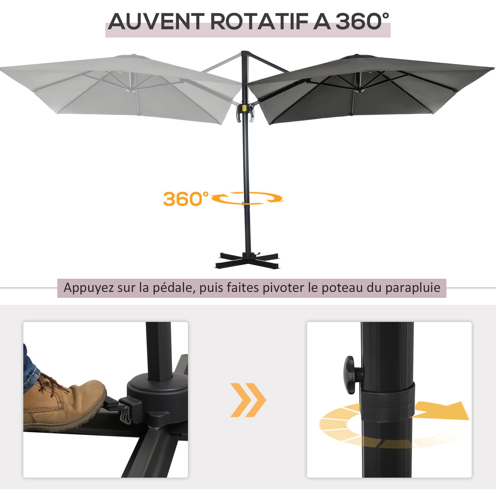 Parasol déporté carré inclinable manivelle avec pied en acier dim. 2,5L x 2,5l m alu. polyester gris - Image 6