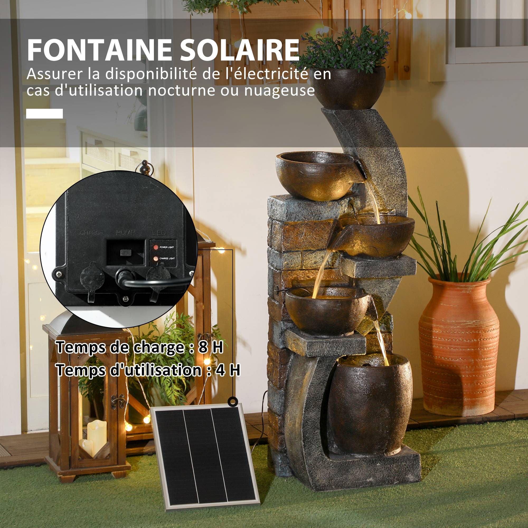 Fontaine d'eau extérieure 5 niveaux fontaine de jardin lumières LED panneau solaire pompe en résine gris et marron - Image 7