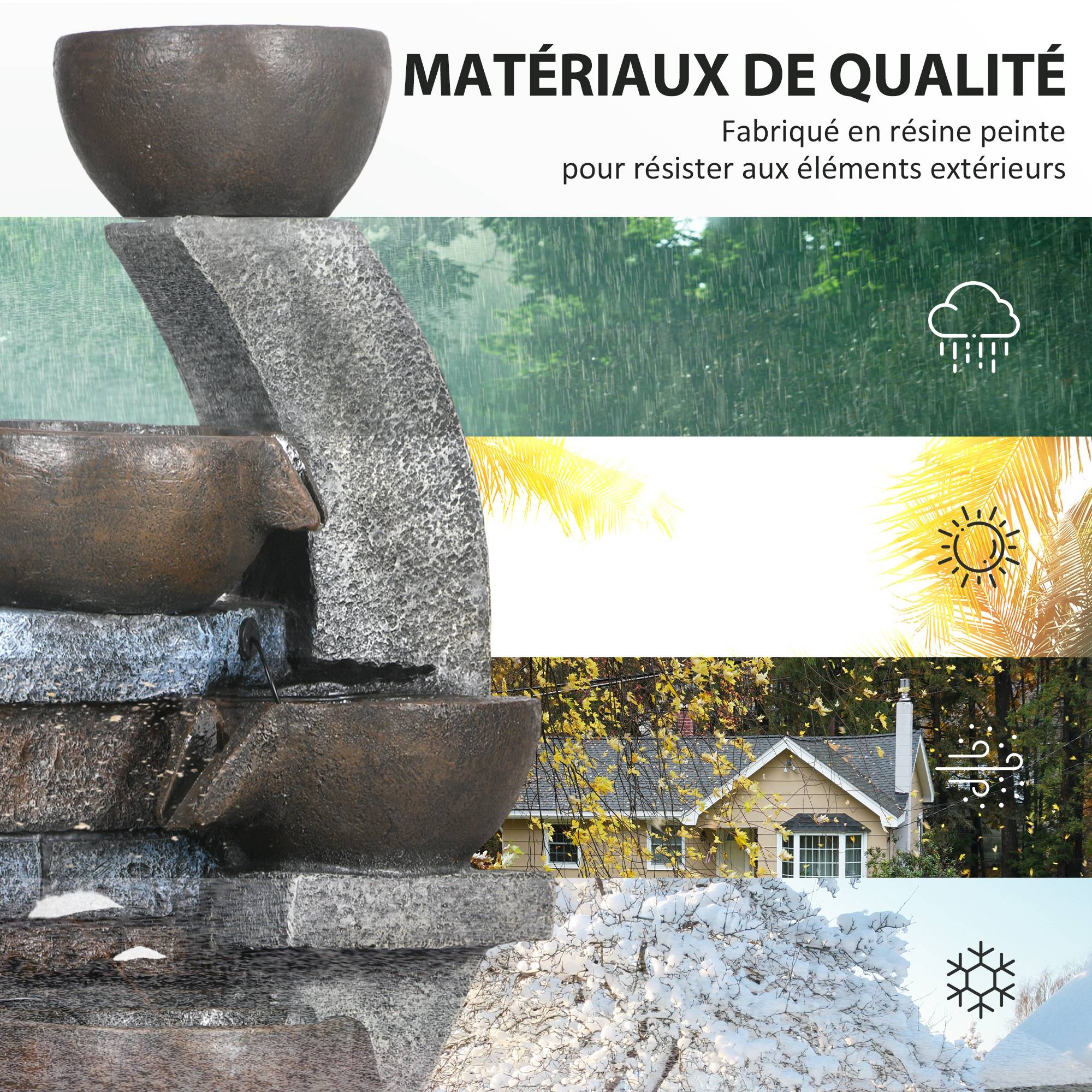 Fontaine d'eau extérieure 5 niveaux fontaine de jardin lumières LED panneau solaire pompe en résine gris et marron - Image 9