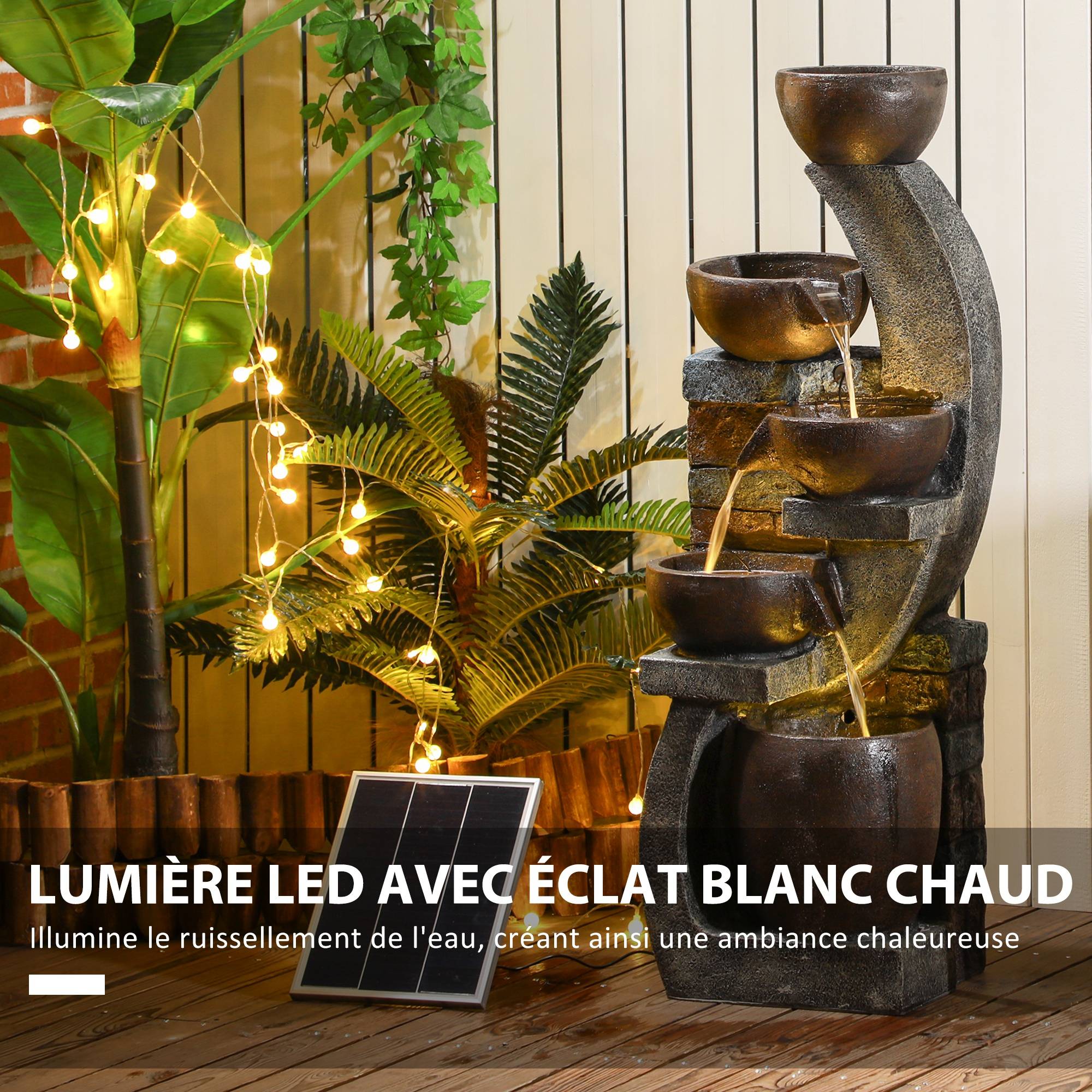 Fontaine d'eau extérieure 5 niveaux fontaine de jardin lumières LED panneau solaire pompe en résine gris et marron - Image 6