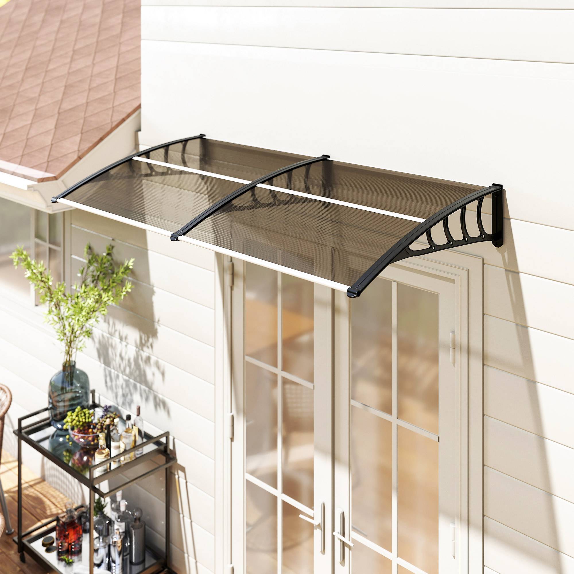 Store de fenêtre marron 200x96 cm en aluminium et polycarbonate PP, protection solaire design sobre pour ouverture pratique et compact - Image 3