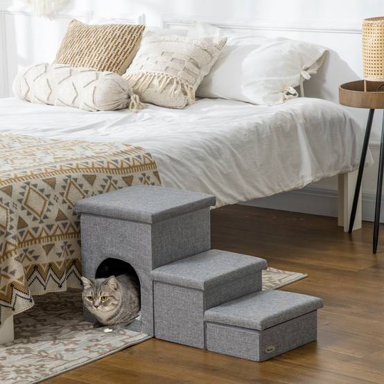 Sans Marque - Escalier pour chien, 3 marches, 40,5 cm, niche, coussin, rangement, petits chiens/chats, rampe, lit, canapé, voiture, gris clair - Image 4