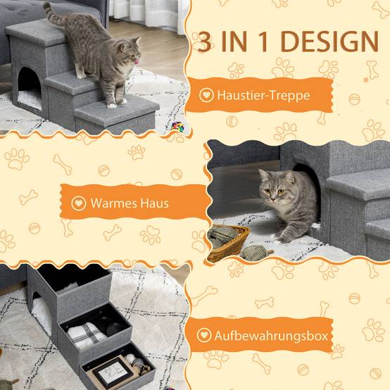 Sans Marque - Escalier pour chien, 3 marches, 40,5 cm, niche, coussin, rangement, petits chiens/chats, rampe, lit, canapé, voiture, gris clair - Image 6