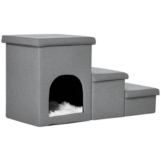 Sans Marque - Escalier pour chien, 3 marches, 40,5 cm, niche, coussin, rangement, petits chiens/chats, rampe, lit, canapé, voiture, gris clair - Image 1