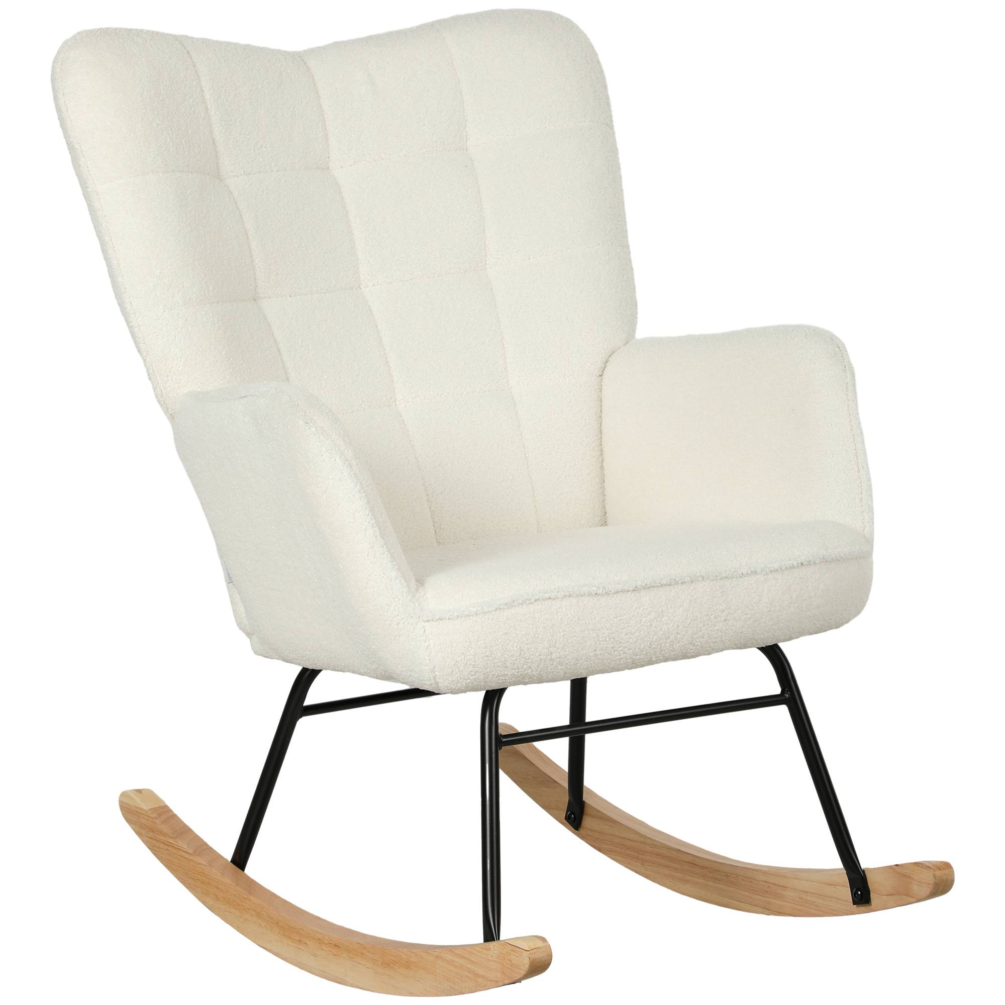 Fauteuil à bascule rocking chair revêtement effet laine bouclée, structure en acier 71 x 98 x 101 cm blanc - Image 2