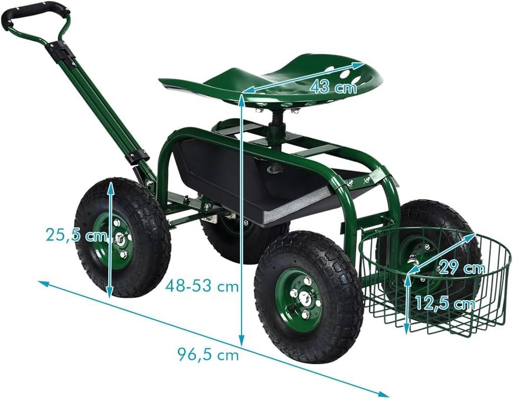 Costway - Siège de Jardin Roulant avec Poignée Extensible, avec Siège Rotative 2 Plateaux à Outils Panier de Rangement  (96,5 x 48,5 x 45,5-54,5 cm) - Image 4