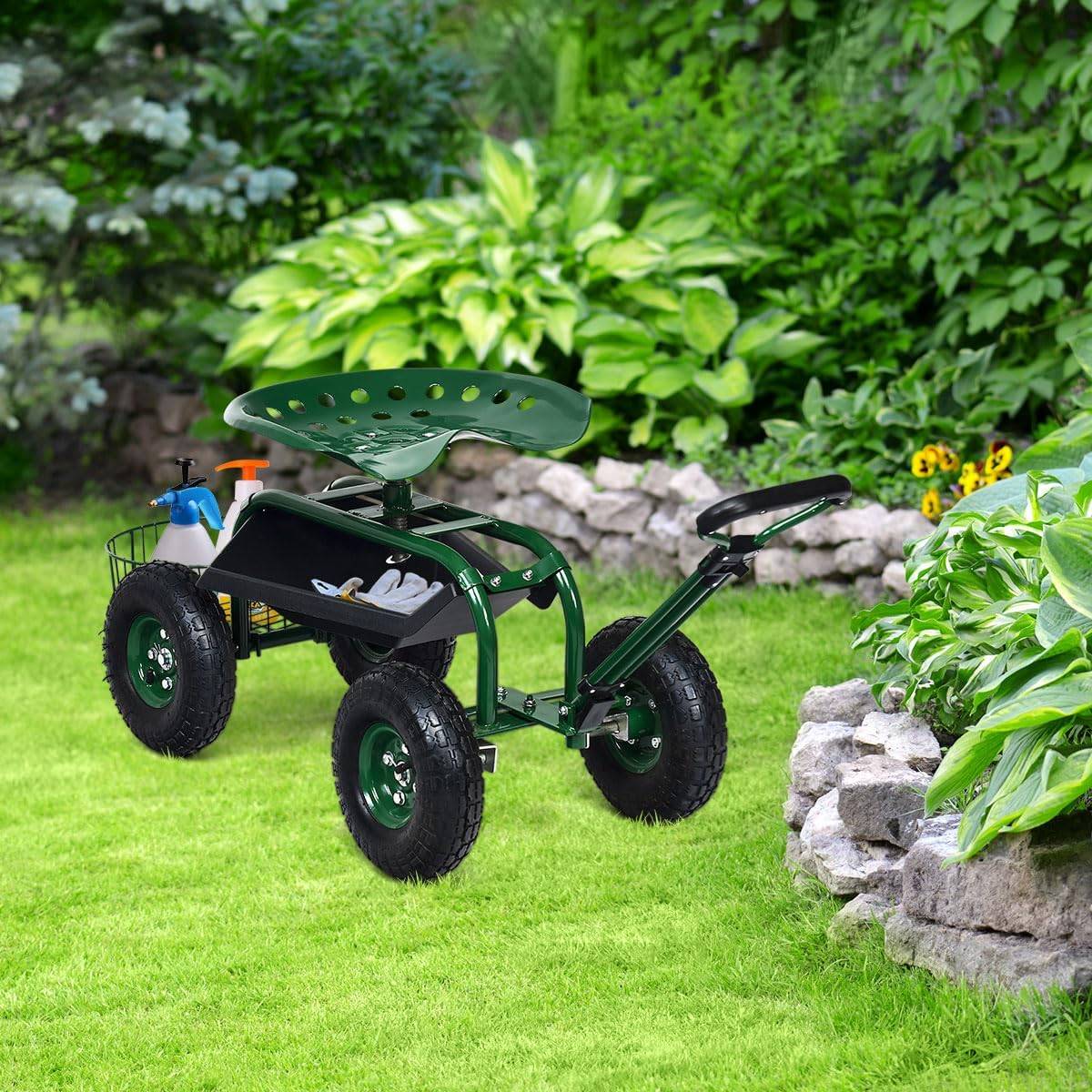 Costway - Siège de Jardin Roulant avec Poignée Extensible, avec Siège Rotative 2 Plateaux à Outils Panier de Rangement  (96,5 x 48,5 x 45,5-54,5 cm) - Image 1