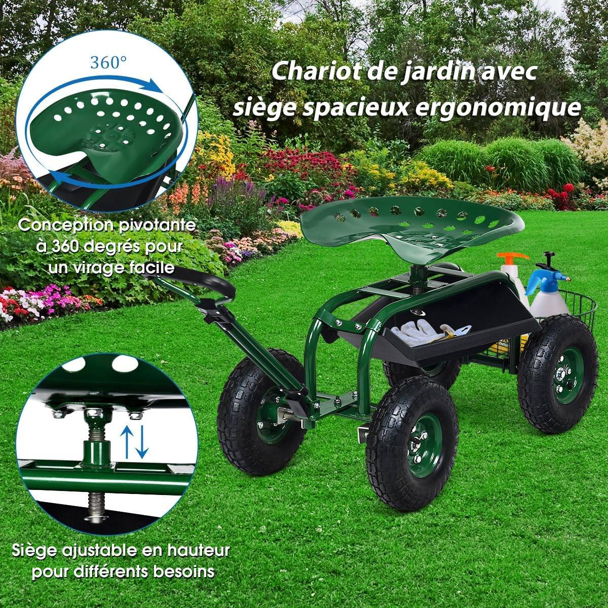 Costway - Siège de Jardin Roulant avec Poignée Extensible, avec Siège Rotative 2 Plateaux à Outils Panier de Rangement  (96,5 x 48,5 x 45,5-54,5 cm) - Image 3