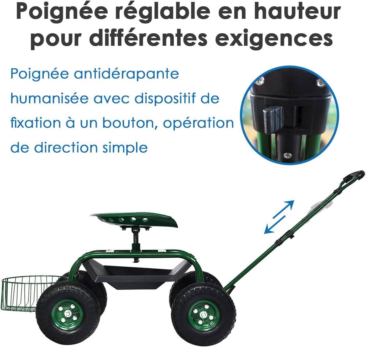 Costway - Siège de Jardin Roulant avec Poignée Extensible, avec Siège Rotative 2 Plateaux à Outils Panier de Rangement  (96,5 x 48,5 x 45,5-54,5 cm) - Image 5