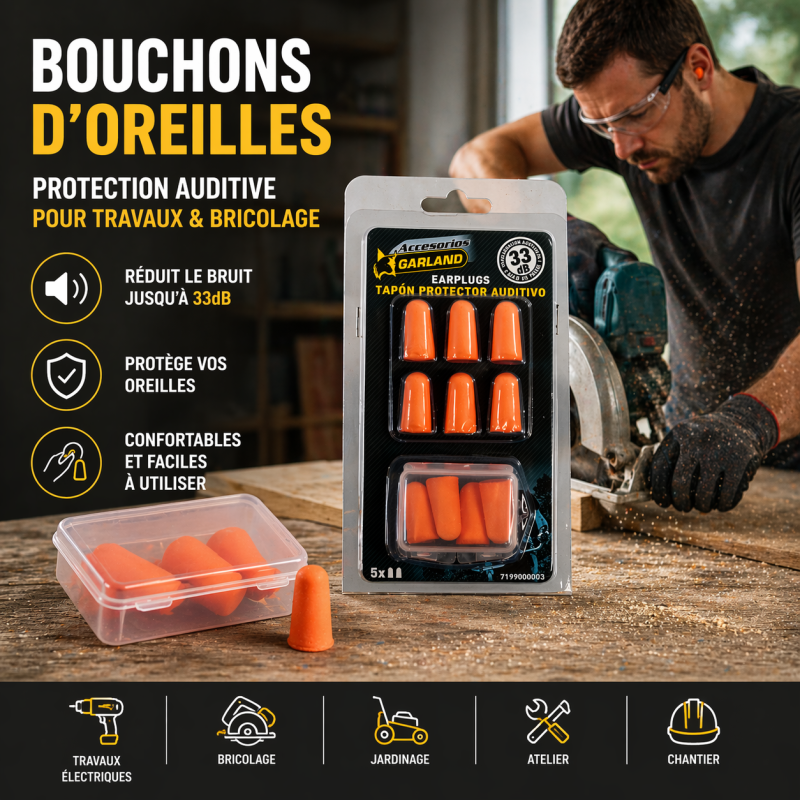 Bouchons d'oreilles antibruit - 5 paires avec étui - Garland - Réduction de bruit - 33 dB - Image 2