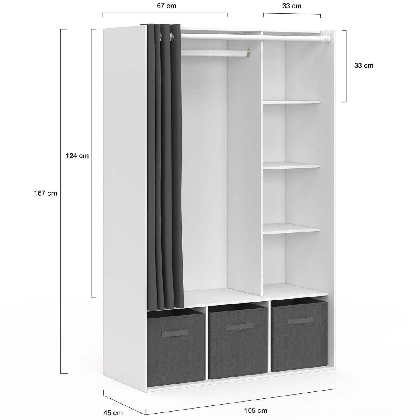 Dressing penderie DIANE 105 x 45 x 167 cm blanc avec étagères + boites de rangement + rideau gris - Image 4