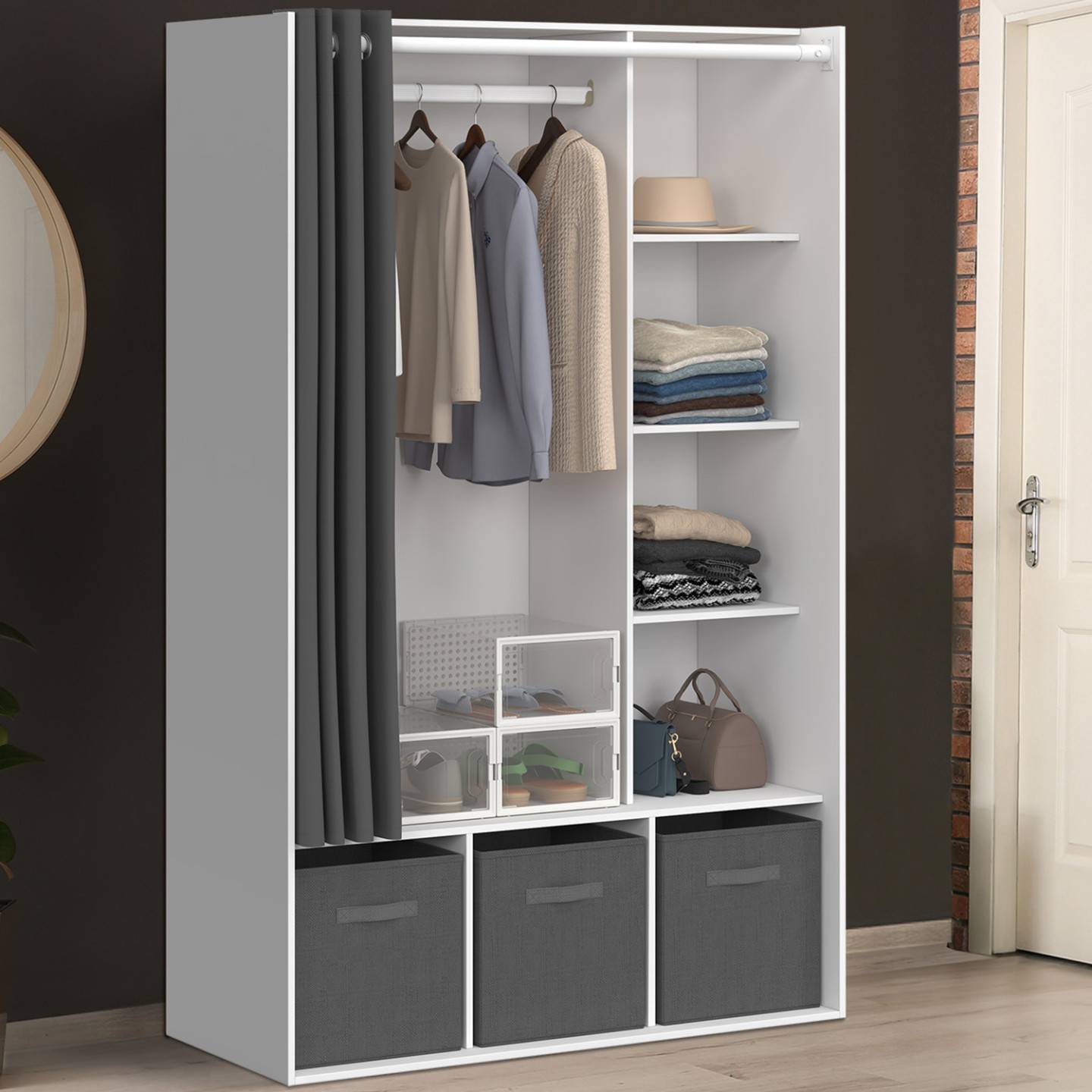 Dressing penderie DIANE 105 x 45 x 167 cm blanc avec étagères + boites de rangement + rideau gris - Image 1