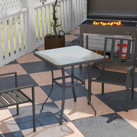 Table bistro de jardin en verre trempé et métal, robuste pour extérieur terrasse balcon, noire 68,5x68,5x84 cm - Image 2