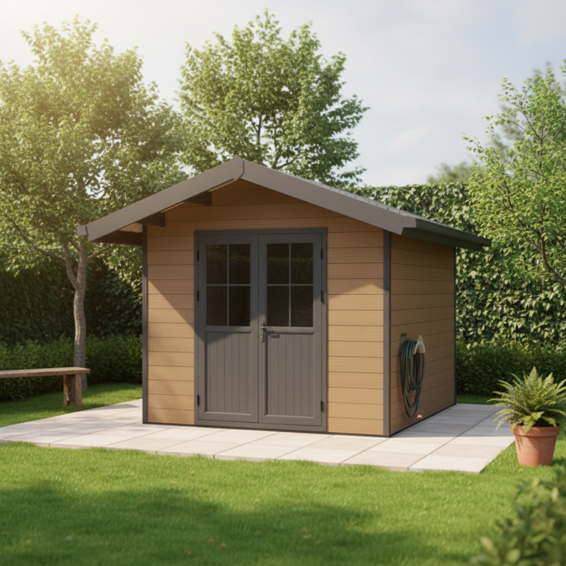 Abri de jardin 7,78m² en bois composite 28mm marron avec toit PVC - Woodlife Garden - Image 1