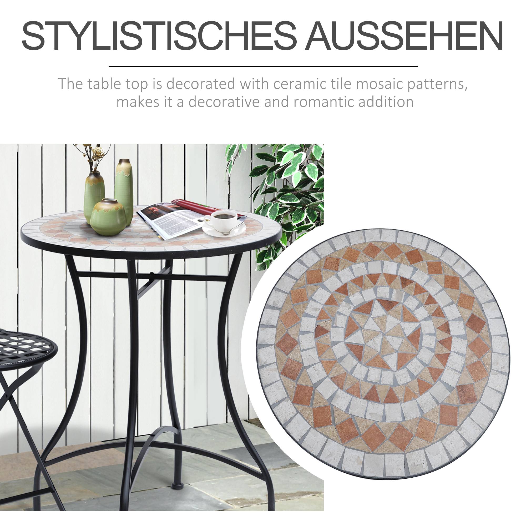 PANGIVO - Table de jardin ronde en métal et céramique, orange et blanc, Ø60 x 71 cm - PANGIVO - Image 5