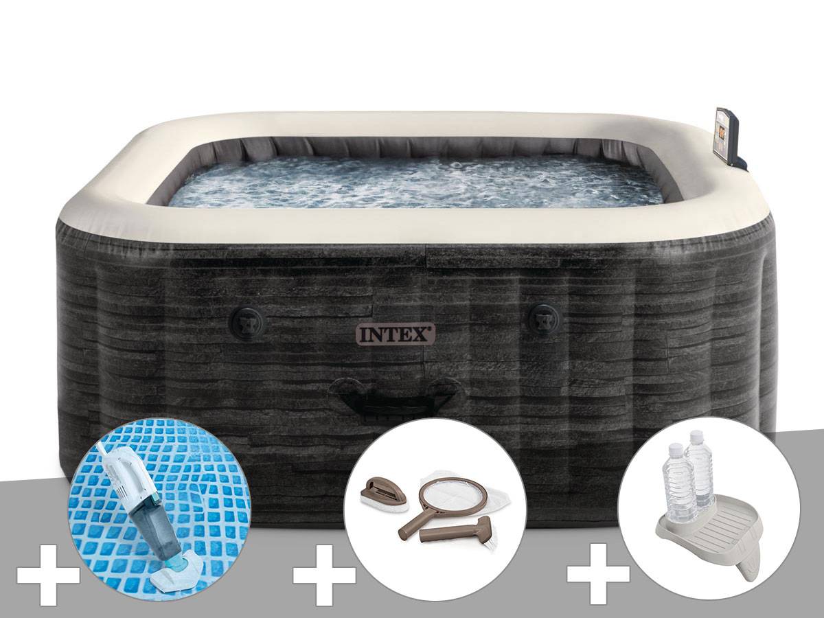 Kit spa gonflable Intex PureSpa Ardoise carré Bulles 6 places + Aspirateur + Kit d'entretien + Porte-verre