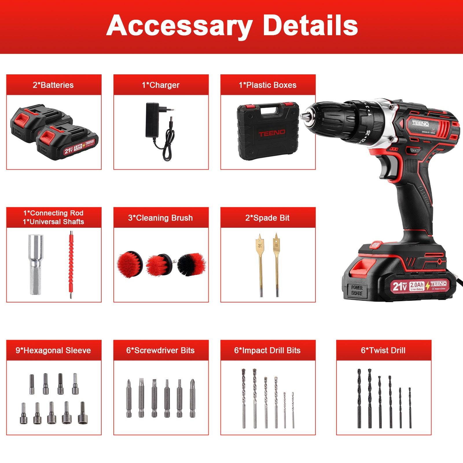 Teeno - Perceuse Visseuse Sans Fil 21V Pour Batterie Makita 2 Batteries 2.0Ah 45Nm - Image 5