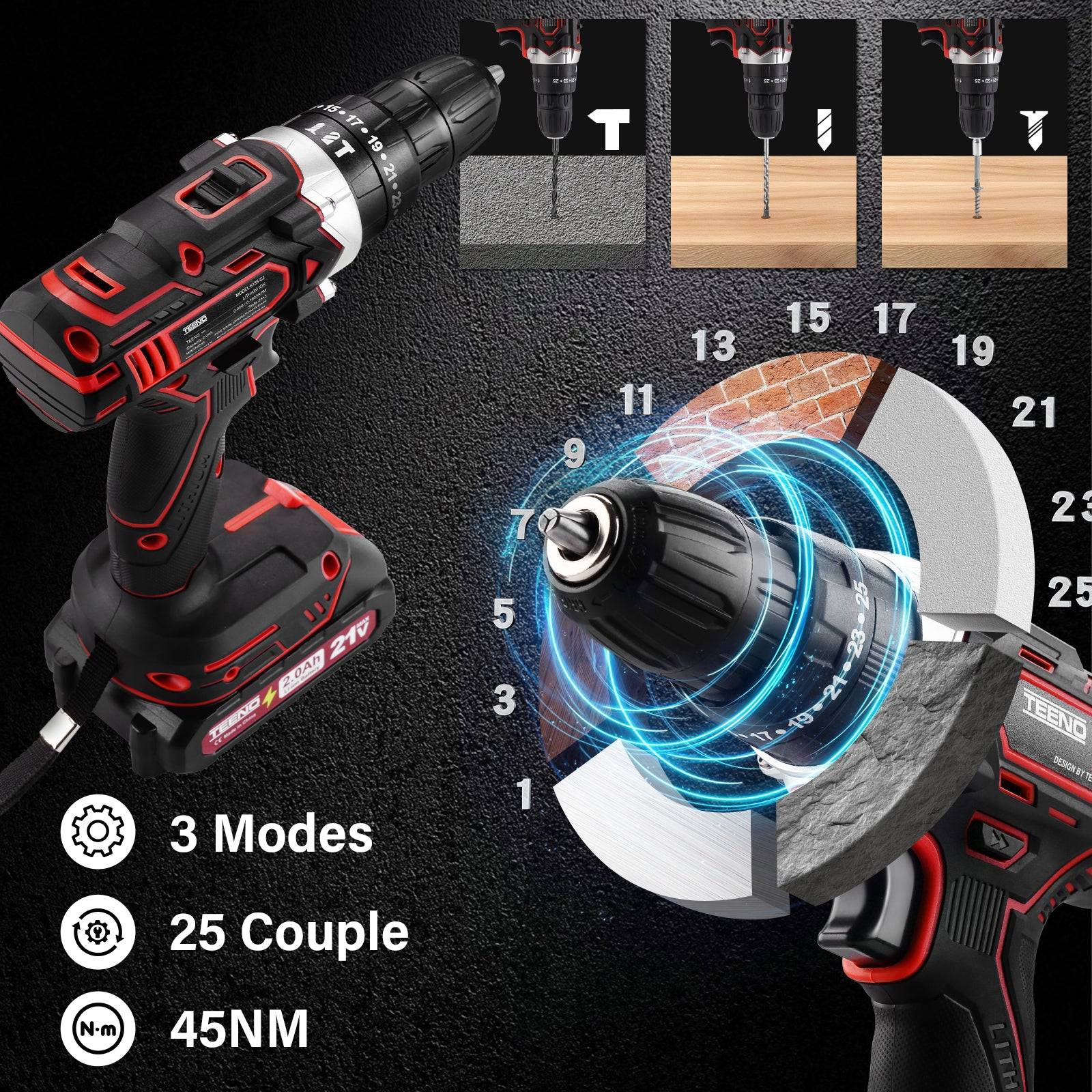 Teeno - Perceuse Visseuse Sans Fil 21V Pour Batterie Makita 2 Batteries 2.0Ah 45Nm - Image 2