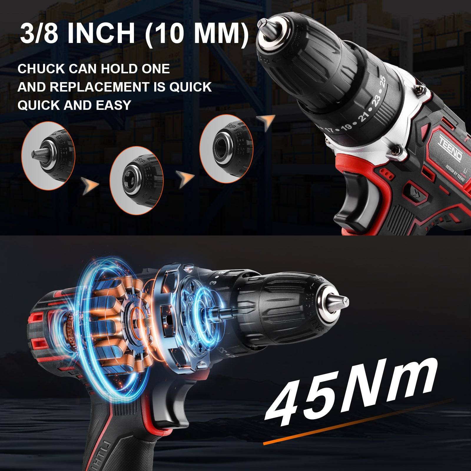 Teeno - Perceuse Visseuse Sans Fil 21V Pour Batterie Makita 2 Batteries 2.0Ah 45Nm - Image 4