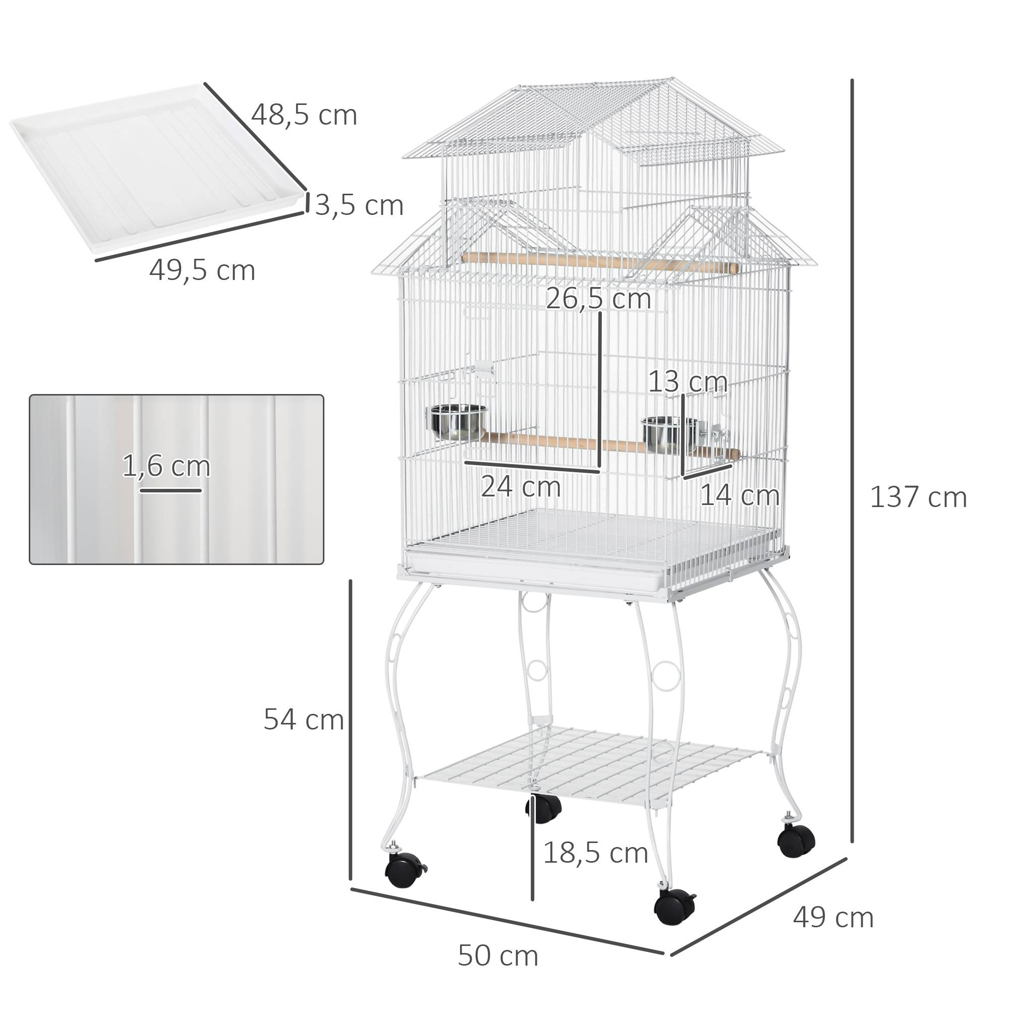 Cage Détachable sur Roulettes pour Calopsittes Conures avec Support 50x49x137 cm Blanc - ComfortXL Outdoor Living - Image 5