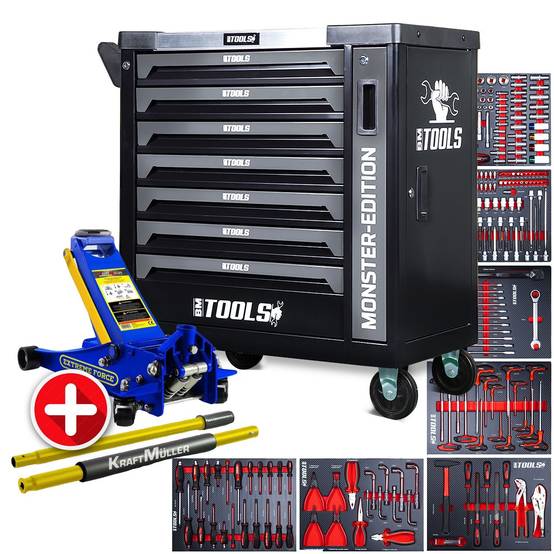 Servante d'atelier BM TOOLS 9/7 MONSTER-EDITION-GREY 7 tiroirs pleins 257 outils + Cric hydraulique Kraft Muller 2,25T Bleu - Image 1