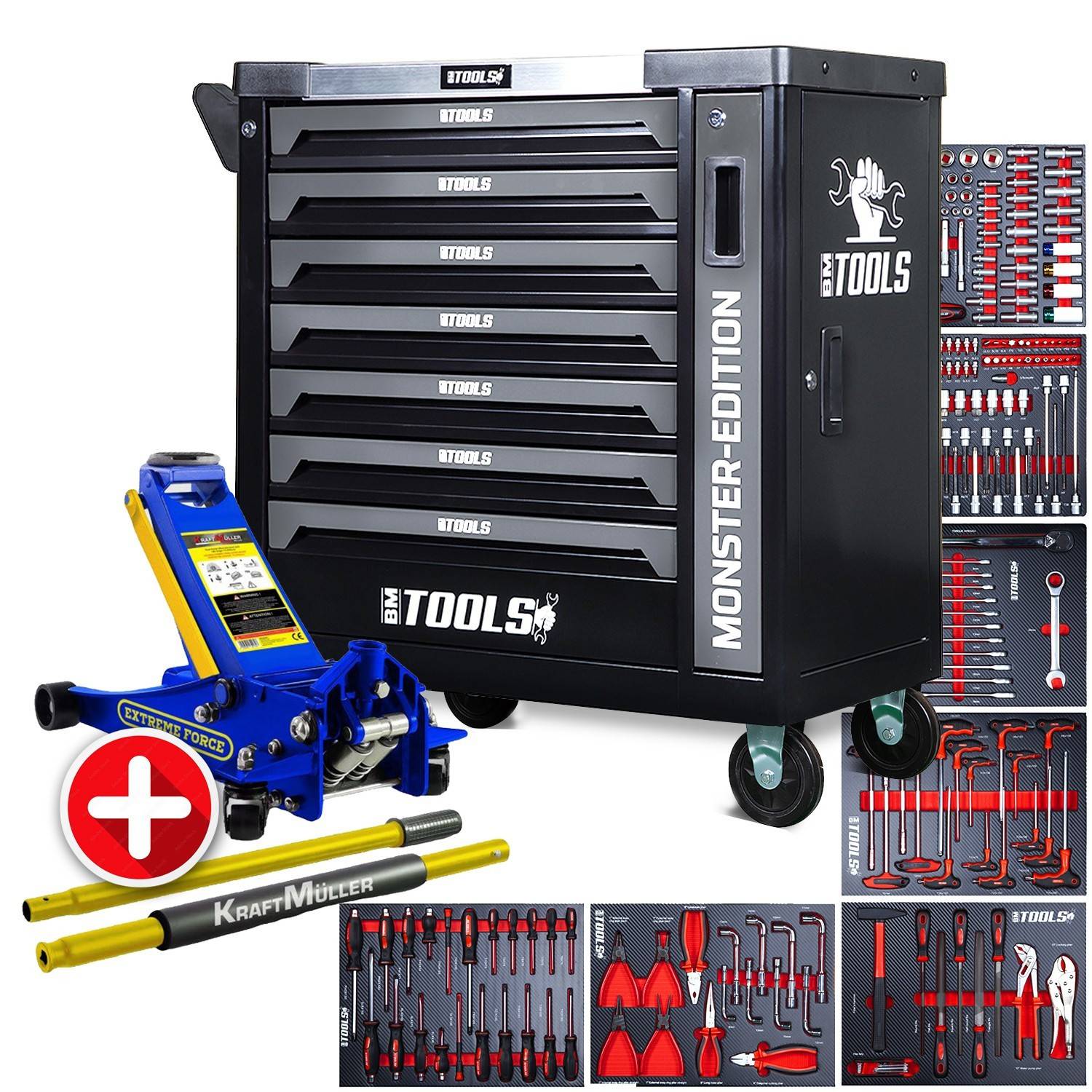 Servante d'atelier BM TOOLS 9/7 MONSTER-EDITION-GREY 7 tiroirs pleins 257 outils + Cric hydraulique Kraft Muller 2,25T Bleu - Image 1