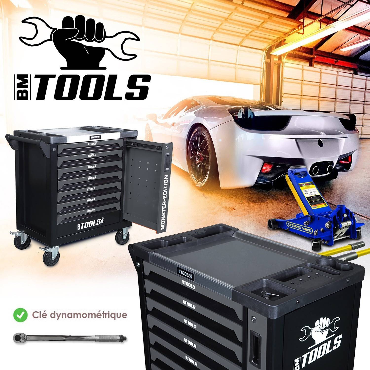 Servante d'atelier BM TOOLS 9/7 MONSTER-EDITION-GREY 7 tiroirs pleins 257 outils + Cric hydraulique Kraft Muller 2,25T Bleu - Image 3