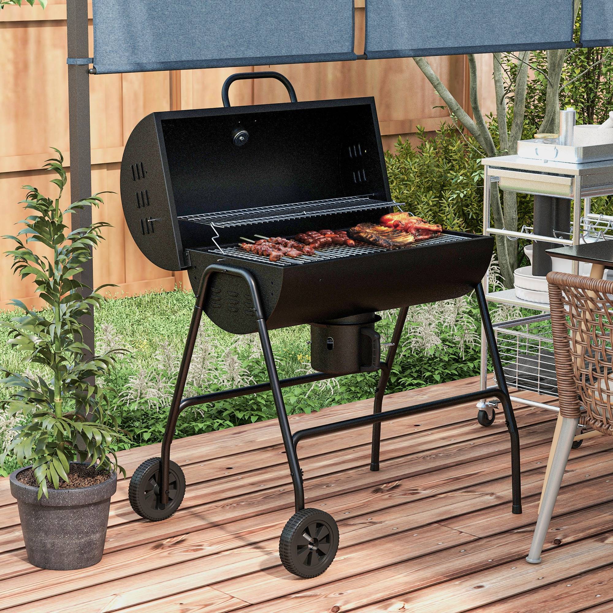 Sans Marque - Holzkohlegrill aus Metall BBQ Smoker mit Deckel Thermomètre Räder Grillwagen 95x71.5x102 cm Noir - Image 3