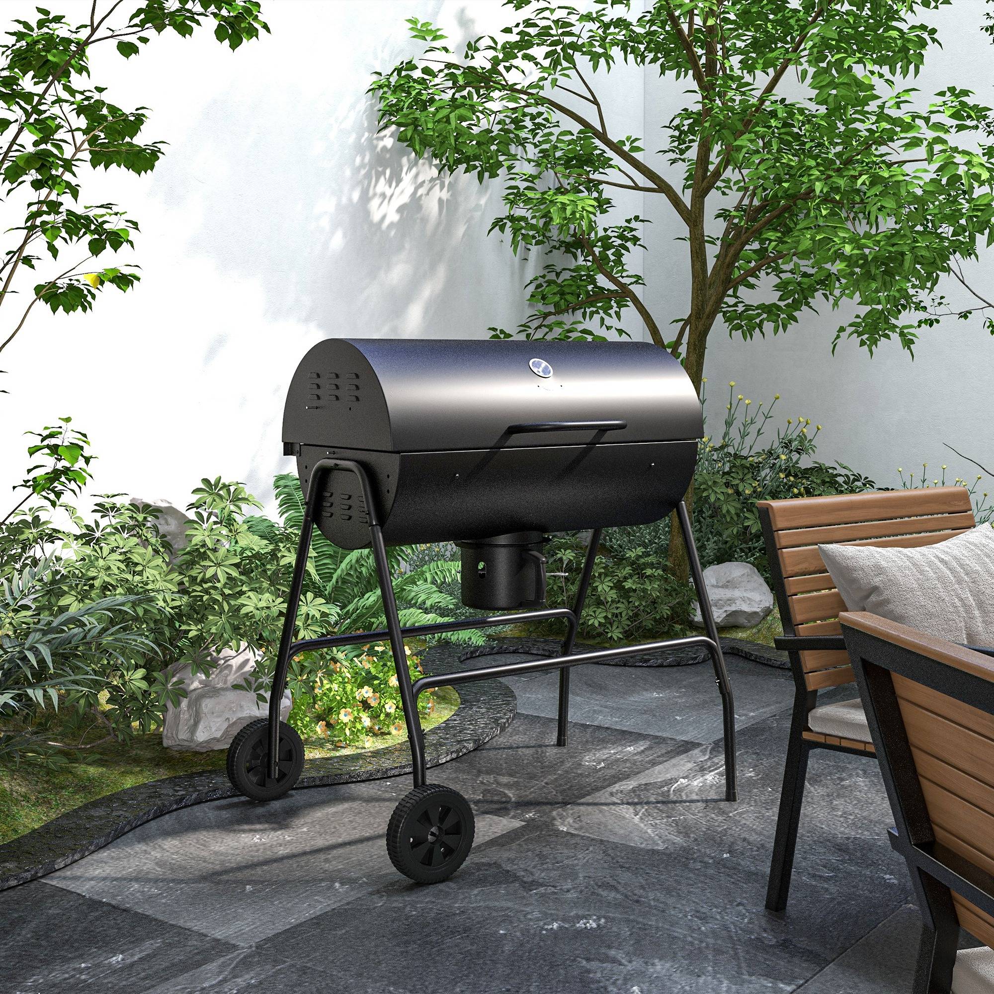 Sans Marque - Holzkohlegrill aus Metall BBQ Smoker mit Deckel Thermomètre Räder Grillwagen 95x71.5x102 cm Noir - Image 4