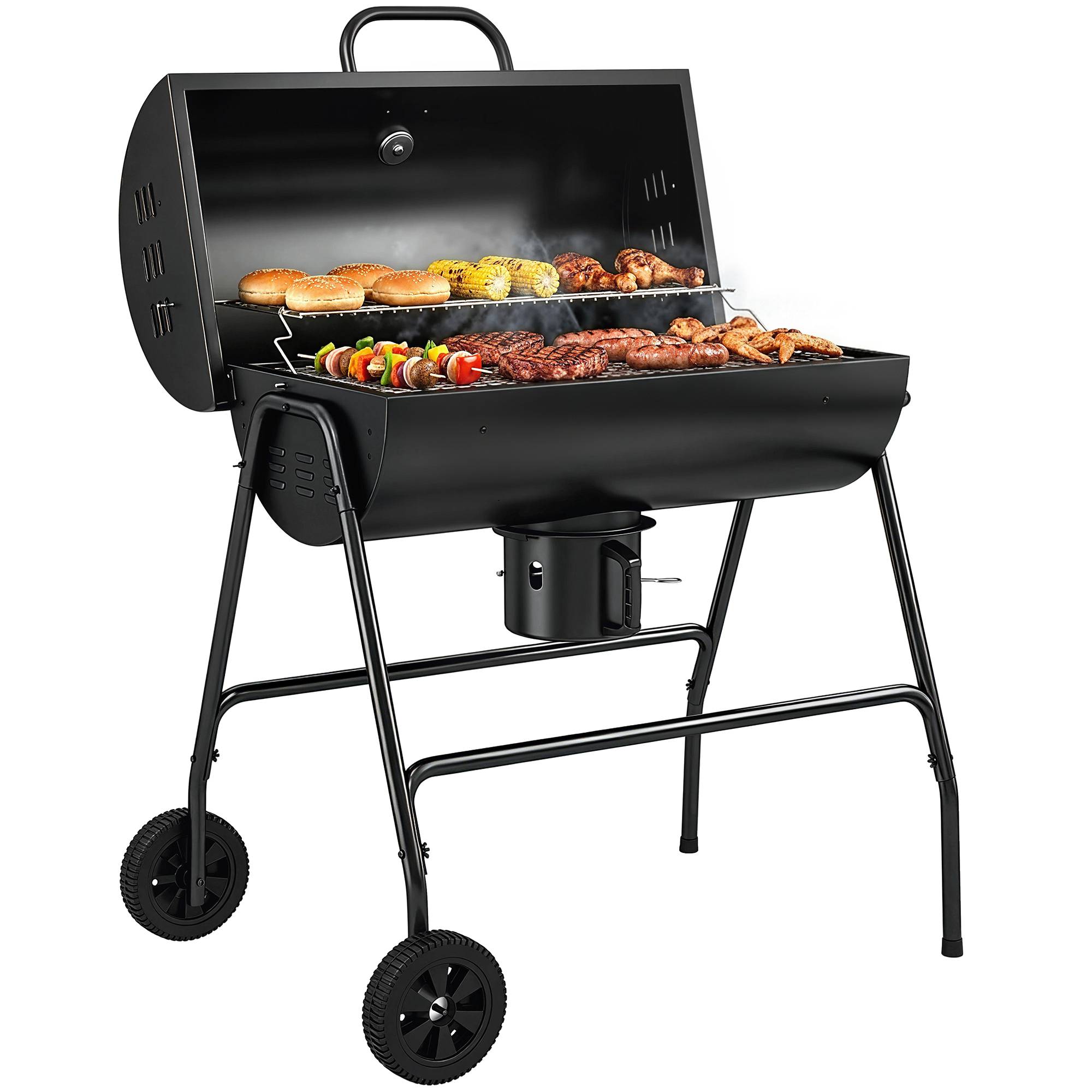 Sans Marque - Holzkohlegrill aus Metall BBQ Smoker mit Deckel Thermomètre Räder Grillwagen 95x71.5x102 cm Noir - Image 1