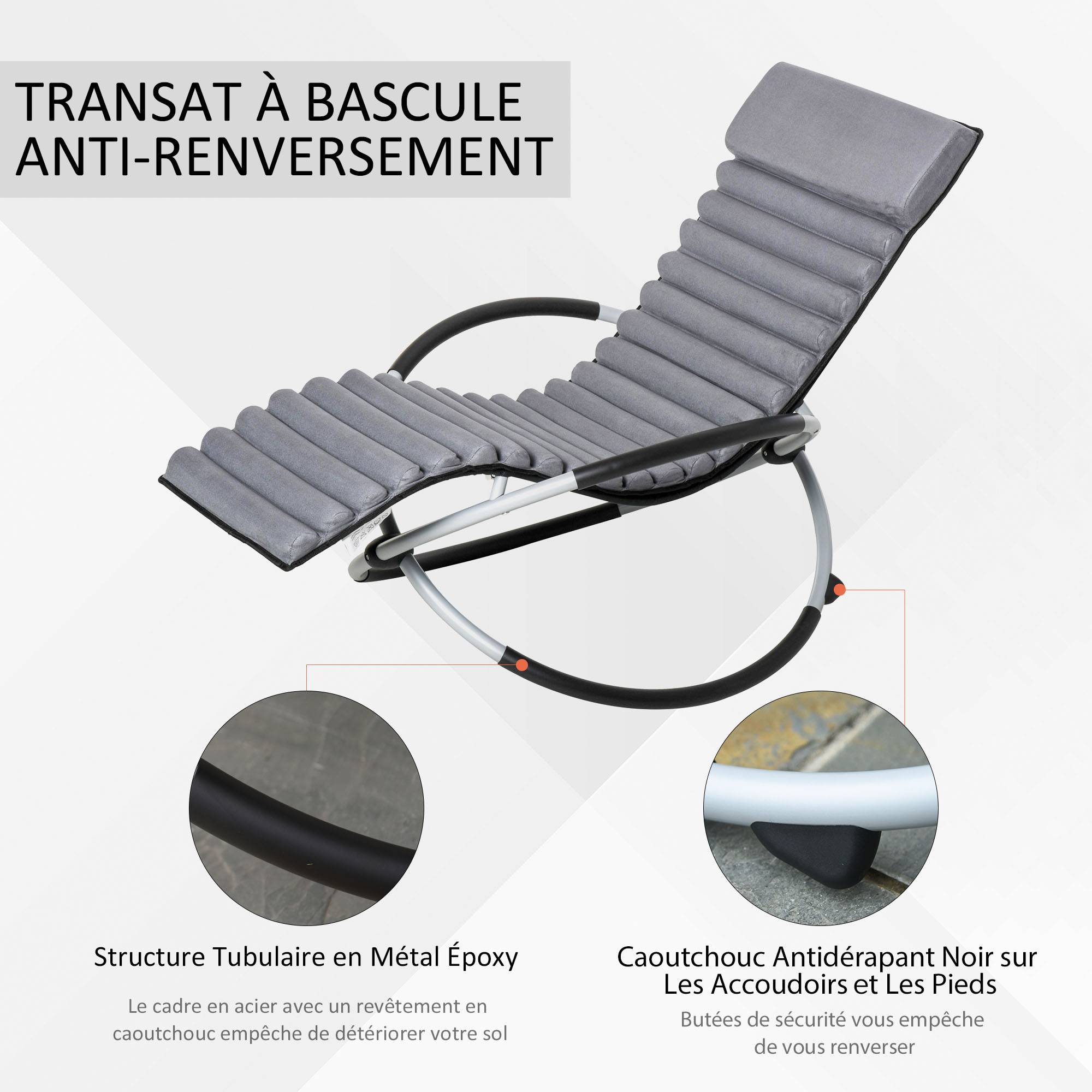 Chaise longue bascule métal piscine pliable matelas têtière 145cm gris noir - ComfortXL Outdoor Living - Image 7