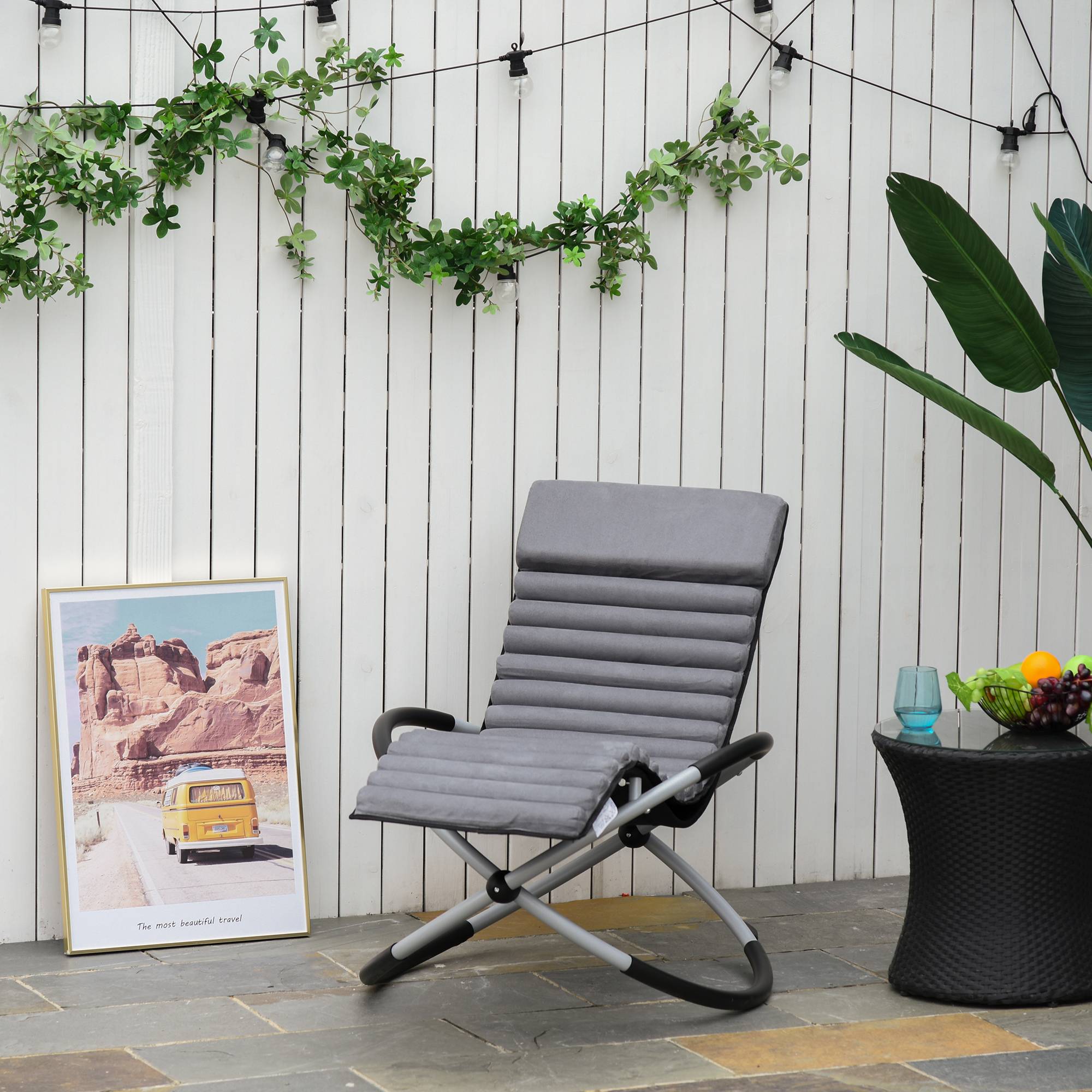 Chaise longue bascule métal piscine pliable matelas têtière 145cm gris noir - ComfortXL Outdoor Living - Image 2