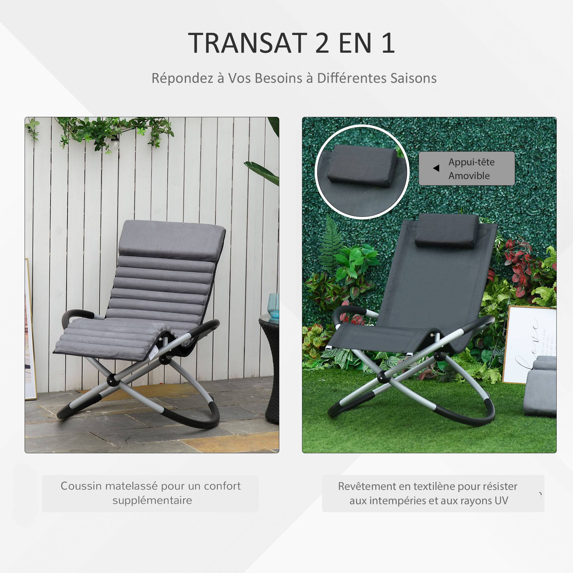 Chaise longue bascule métal piscine pliable matelas têtière 145cm gris noir - ComfortXL Outdoor Living - Image 5