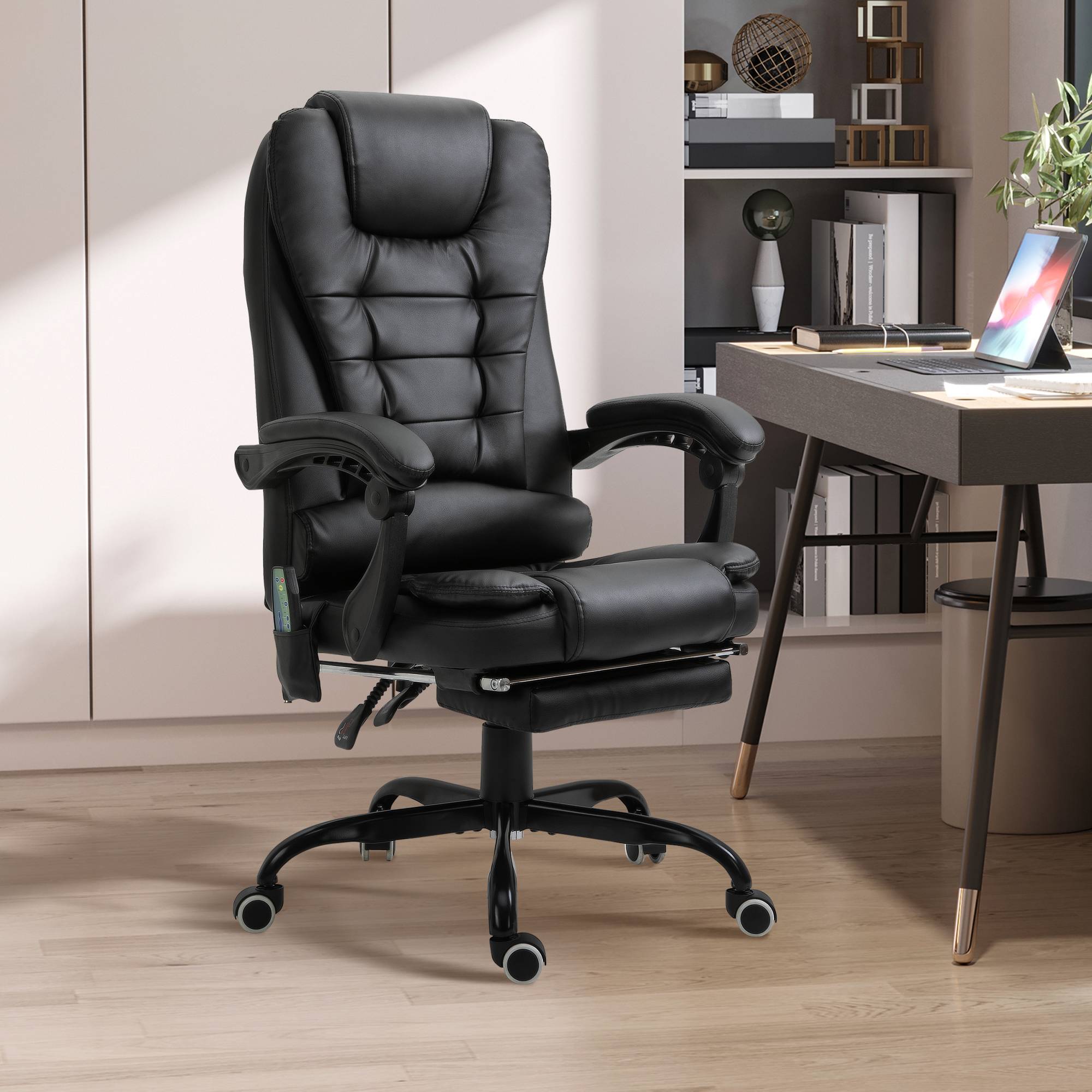 Sans Marque - Fauteuil bureau massant, ergonomique, hauteur régl., dossier inclin., télécommande filaire, repose-pieds rétractable, pivot 360°, noir. - Image 3