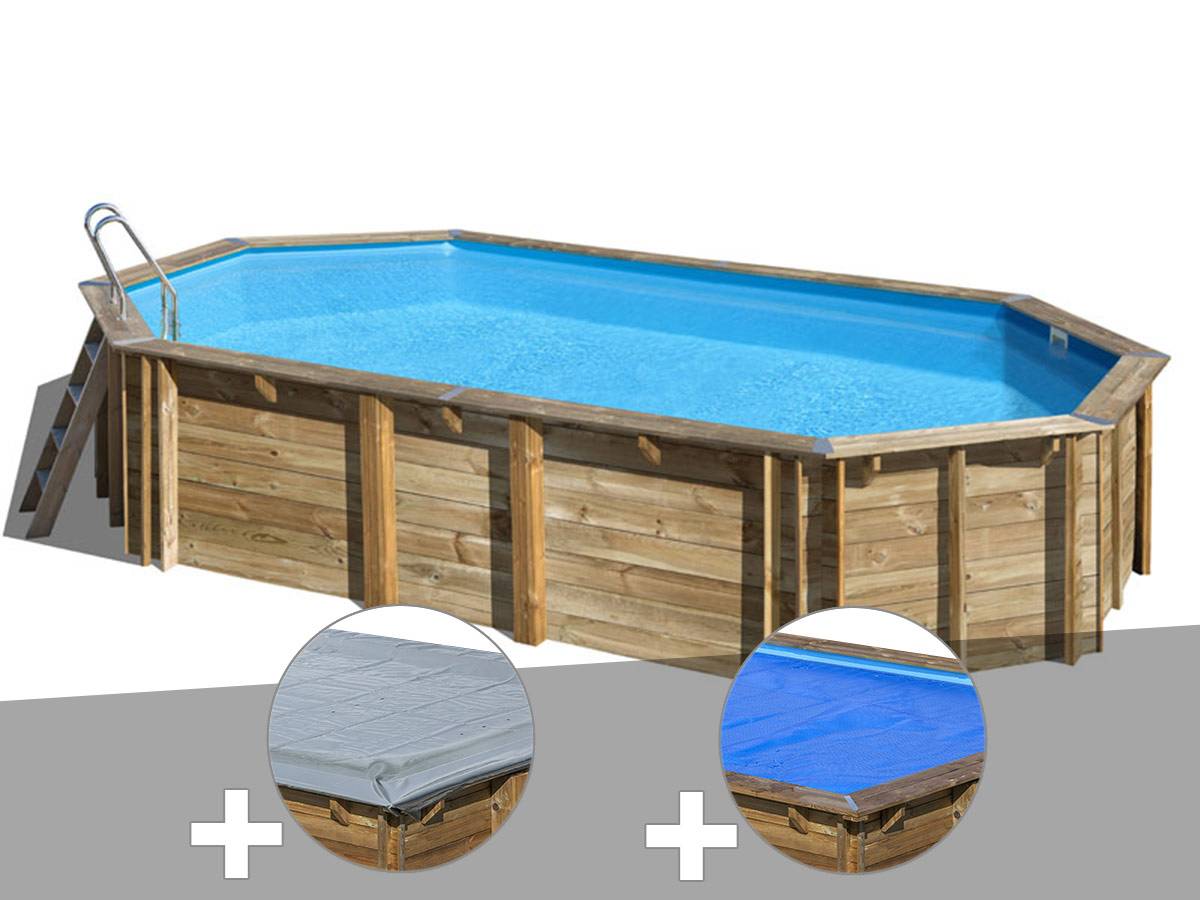 Gré - Kit piscine bois Gré Orange 7,55 x 4,56 x 1,46 m + Bâche à bulles + Bâche hiver
