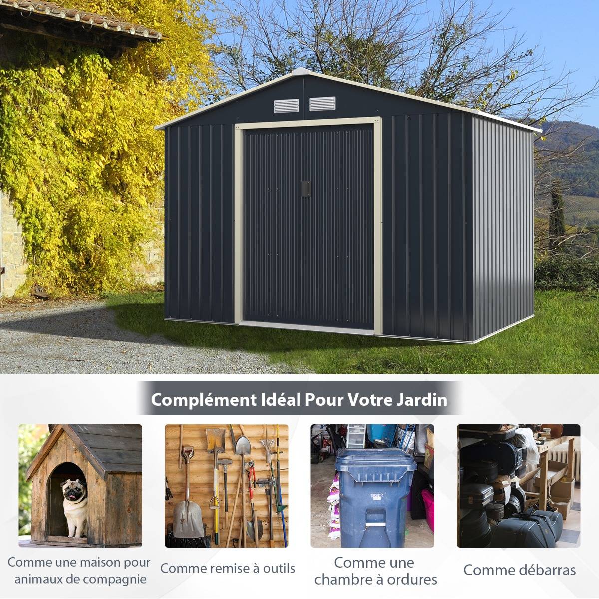 Abri pour Vélo Métal 5,29 ㎡ 277x191x202cm 2 Portes Verrouillables 4 Trous d'Aération Gris - Image 8