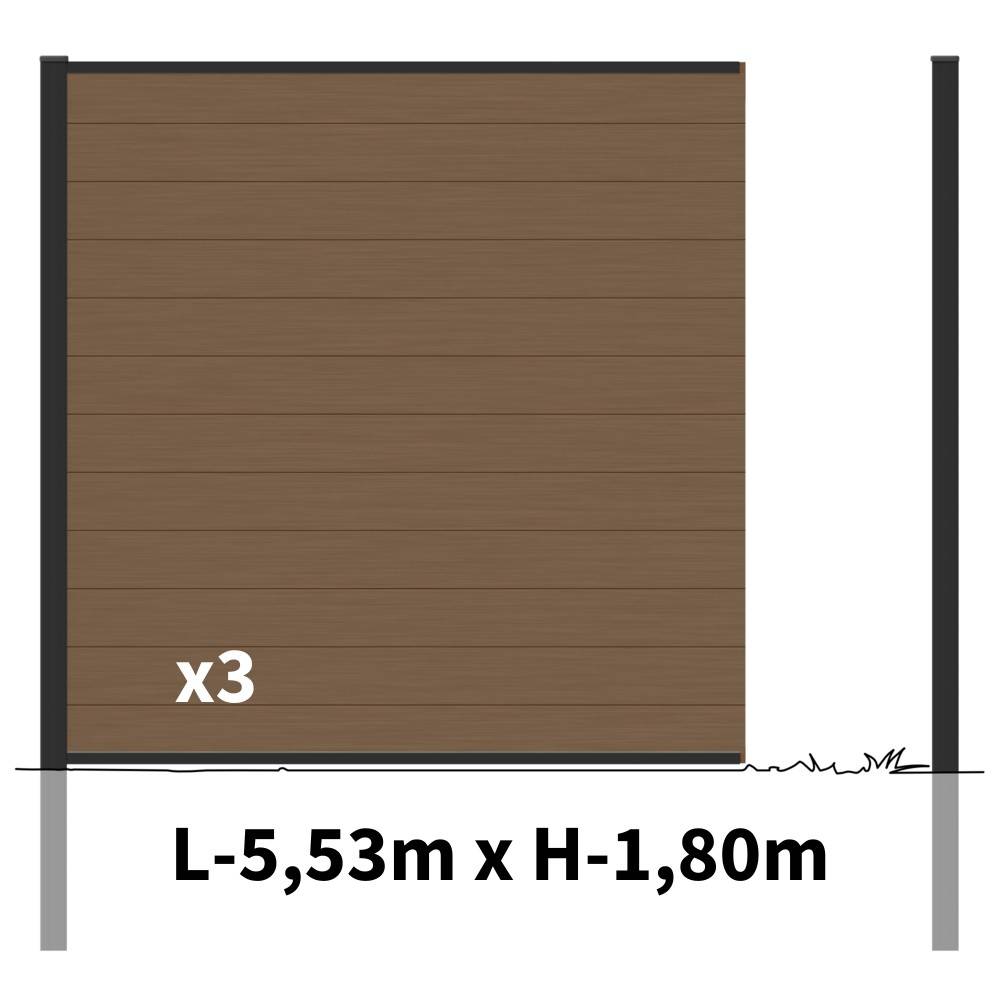 Kit Clôture Bois Composite Bronze 5,5x1,8m RIO - Poteaux en Aluminium Noir - Brise Vue - Palissade - Image 2