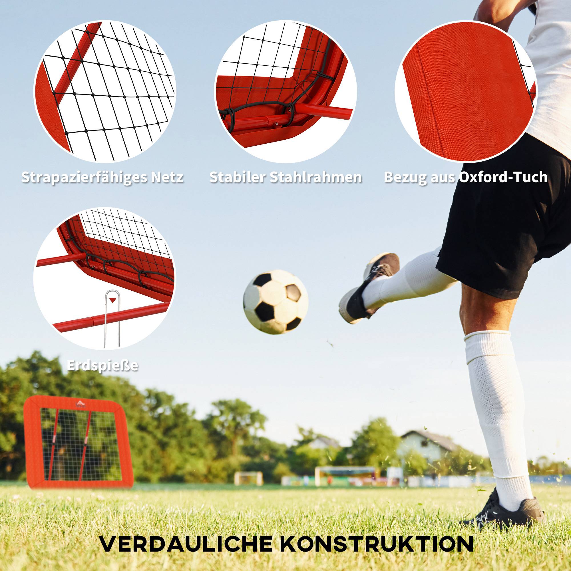 Filet de rebond pour football, réglable et pliable, cadre en métal, filet PE tous temps, piquets inclus, rouge - Image 8