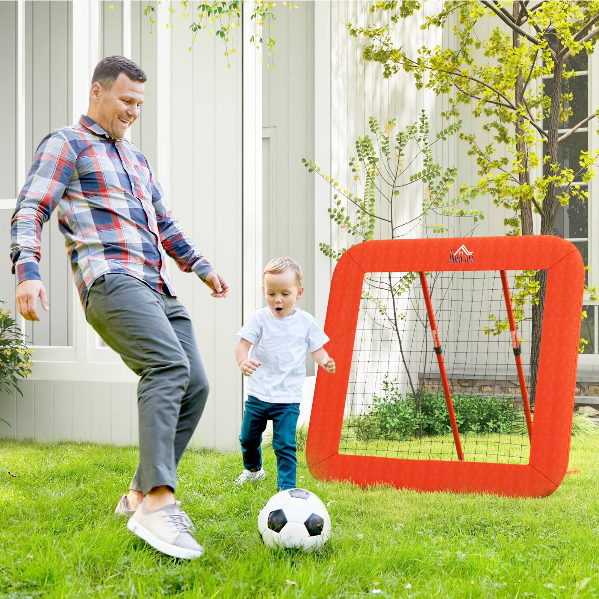Filet de rebond pour football, réglable et pliable, cadre en métal, filet PE tous temps, piquets inclus, rouge - Image 4