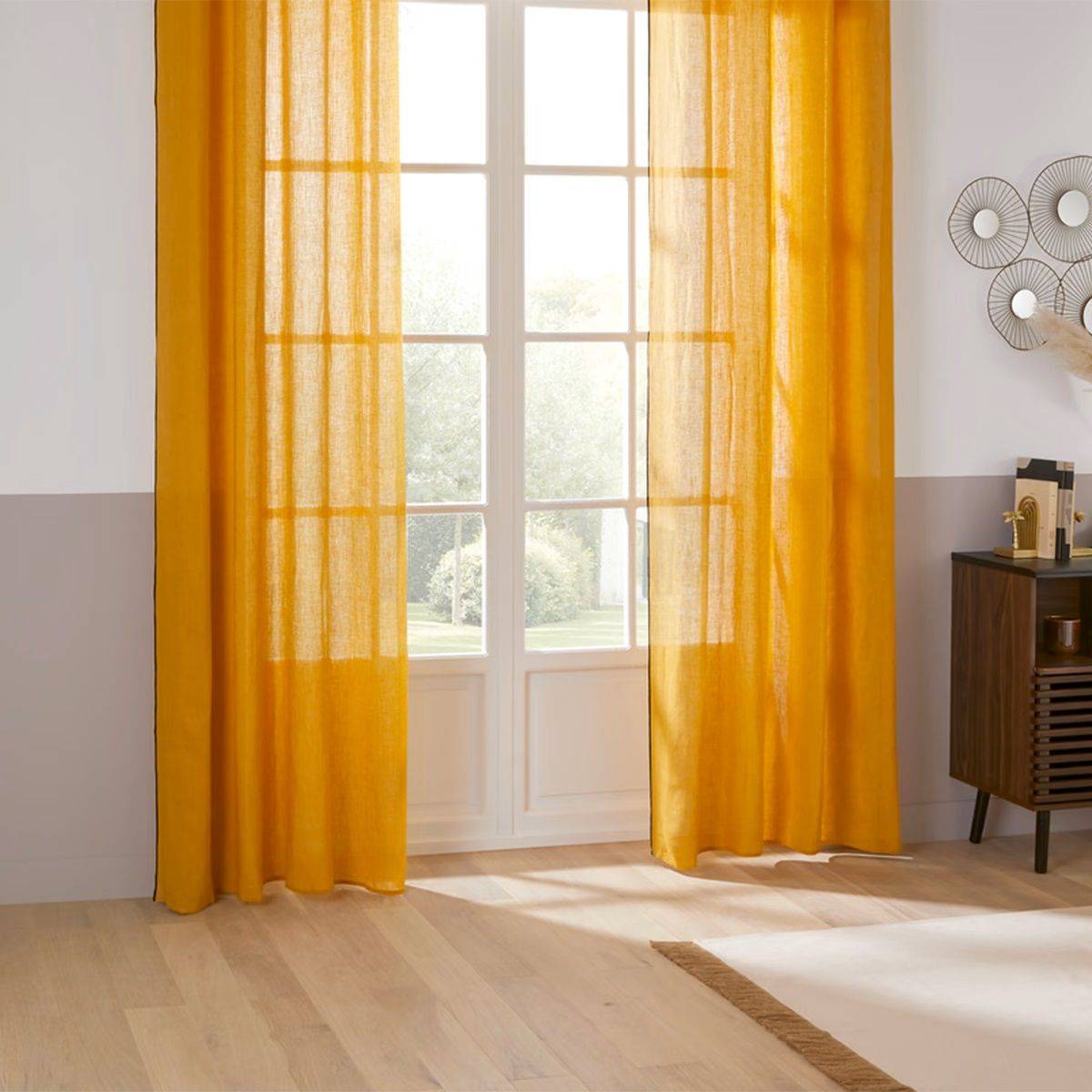 Atmosphera - Rideau à œillets en Lin Jaune Ocre avec surpiqûre noire 130 x 260 cm - Image 2