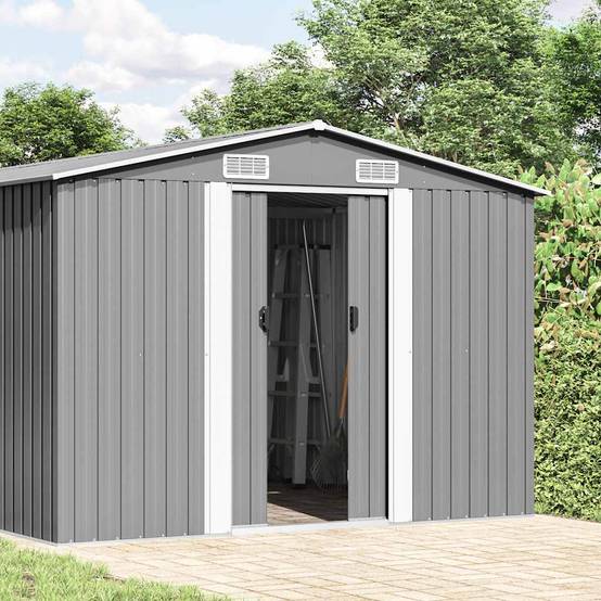 Abri de jardin Acier galvanisé avec Bûcher Rangement Outils Gris 257x392x181 cm - ComfortXL Outdoor Living - Image 1