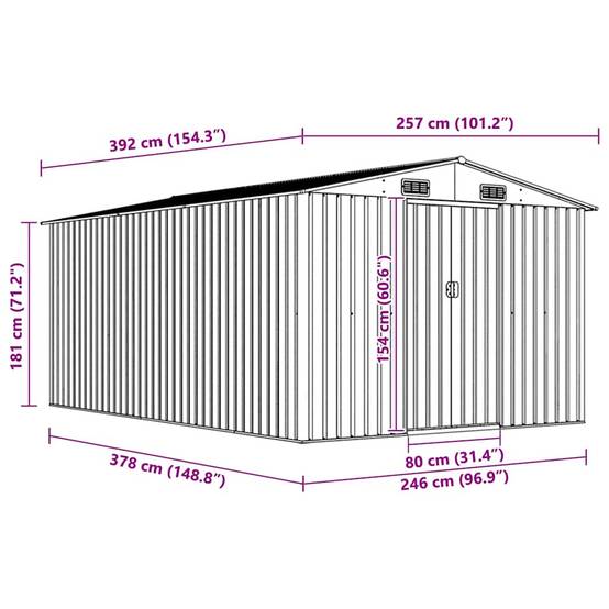 Abri de jardin Acier galvanisé avec Bûcher Rangement Outils Gris 257x392x181 cm - ComfortXL Outdoor Living - Image 7