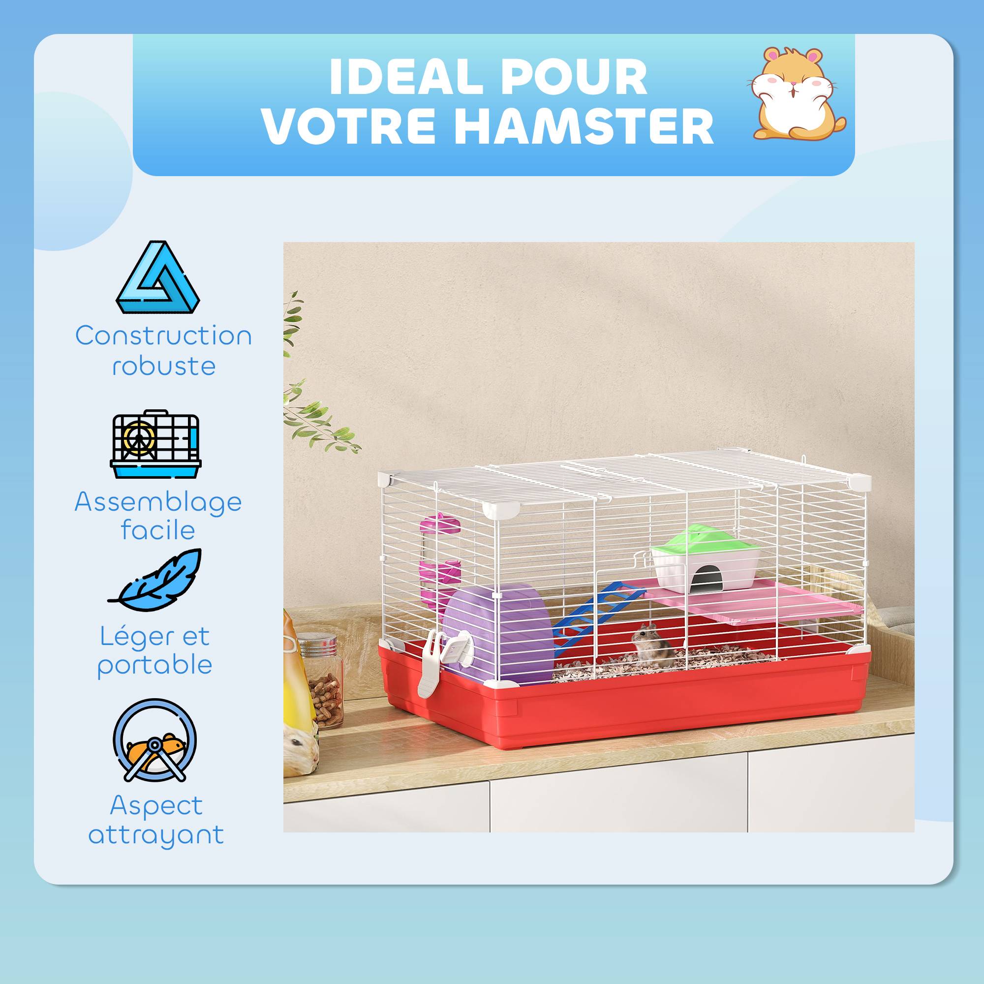 Cage hamster rongeur 2 niveaux, base amovible nettoyage facile, cabane, roue, 47x30x27cm, blanc - Image 9